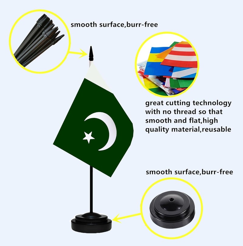 tibijoy Pakistan Pakistani Small Mini Desk Flag Set Miniature Pakistan Pakistani Table Office Flag with 13" Black Pole, Black Base, Miniature Pakistan Deluxe Desktop Flag(2 Pack) - Image 2